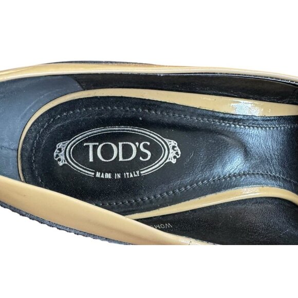 TOD'S Women's Sz 37 US Sz 6.5 Tan & Black Patent Leather Peep Toe Heels - Picture 6 of 15